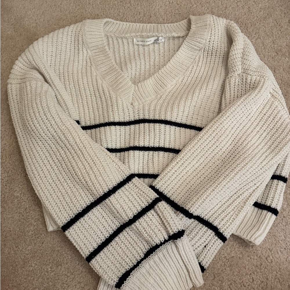 Altar'd State Cream and Black V-Neck Sweater Ribbed Knit